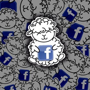 Op de afbeelding: Een wit cartoon schaap dat een blauw vierkant vasthoudt met een witte "f" in het midden. Het schaap is omringd door een patroon van grijze schapen en blauwe vierkanten met witte "f"s.