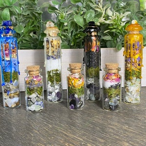 Op de afbeelding: Zeven kleine glazen flesjes gevuld met verschillende gedroogde kruiden, bloemen en kristallen. De flesjes zijn afgesloten met kurken en hebben een laagje groen mos op de bodem. De flesjes zijn in een rij op een houten oppervlak gerangschikt.