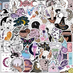 May include: A set of 50 witch-themed stickers featuring various designs, including moons, stars, crystals, a witch's hat, a cauldron, a butterfly, and the text "Basic Witch".