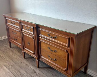 Vintage Hollywood Regency Credenza | Glass Top Sideboard | Mid Century Buffet Cabinet | Entry Console