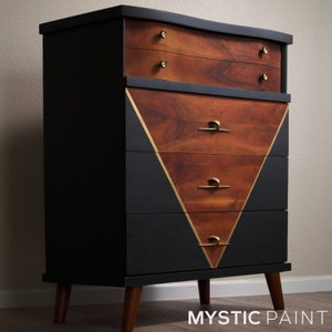 SOLD**Mid Century Modern Dresser in Black and Wood, Vintage MCM Tallboy, Refinished Modern Dresser, Mid-Century High Boy