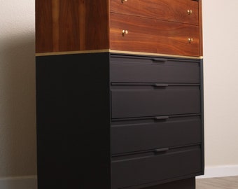SOLD** Stunning Mid Century Modern Dresser in Black and Wood, Vintage MCM Tallboy, Refinished Modern Dresser, Mid-Century High Boy