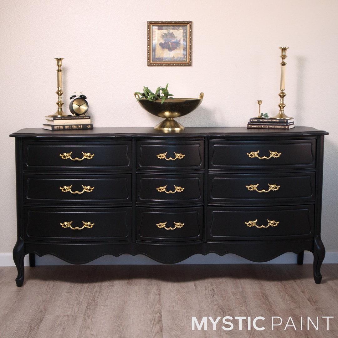 SOLD Black French Provincial 9 Drawer Dresser / Gold Handles / DFW ...