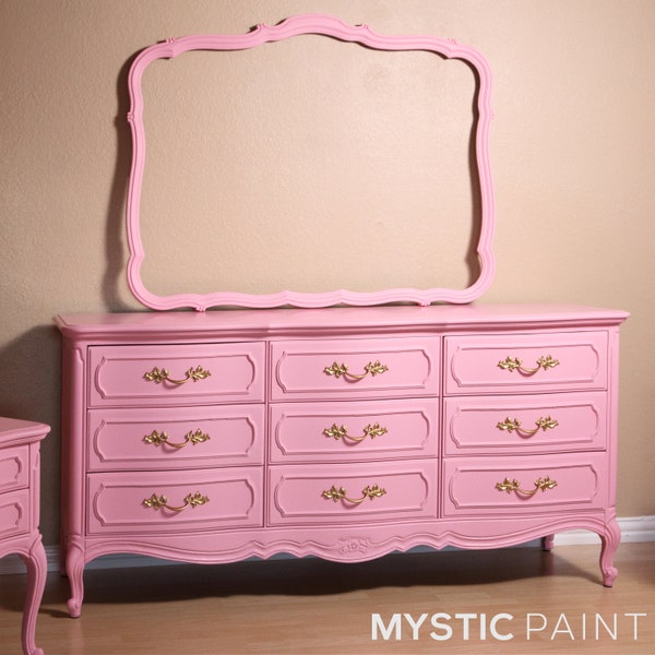 SOLD** Pink Thomasville French Dresser, LowBoy, Gold Handles, Dovetail Joint, Coquette Inspired + Framed Mirror