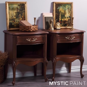 AVALIBLE** French Provincial Nightstand Set of 2 | Louis XV Style | Refinished in Rich Brown with Gold Hardware