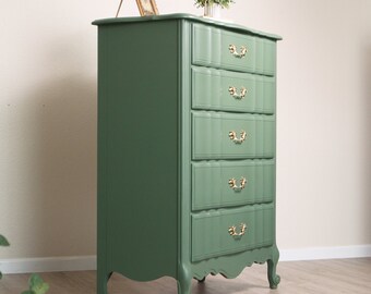 SOLD** Stunning French Provincial Tall Green Dresser, Gold Handles, Dovetail Joint, DFW Pickup