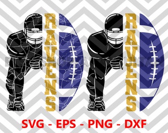 May include: A black and white silhouette of a football player with a distressed blue and white football and the word "RAVENS" in gold letters.