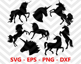 Könnte beinhalten: Ein Set mit acht schwarzen Silhouette-Einhorn-Designs. Die Einhörner sind in verschiedenen Posen, darunter stehend, rennend und aufsteigend. Die Designs sind perfekt für Bastelprojekte wie Vinyl-Aufkleber, Bügeltransfers und Scrapbooking.