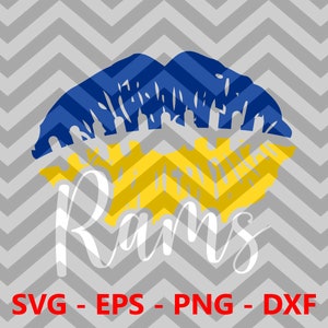 May include: A blue and yellow lip print with the word "Rams" in white text. The background is a gray chevron pattern.