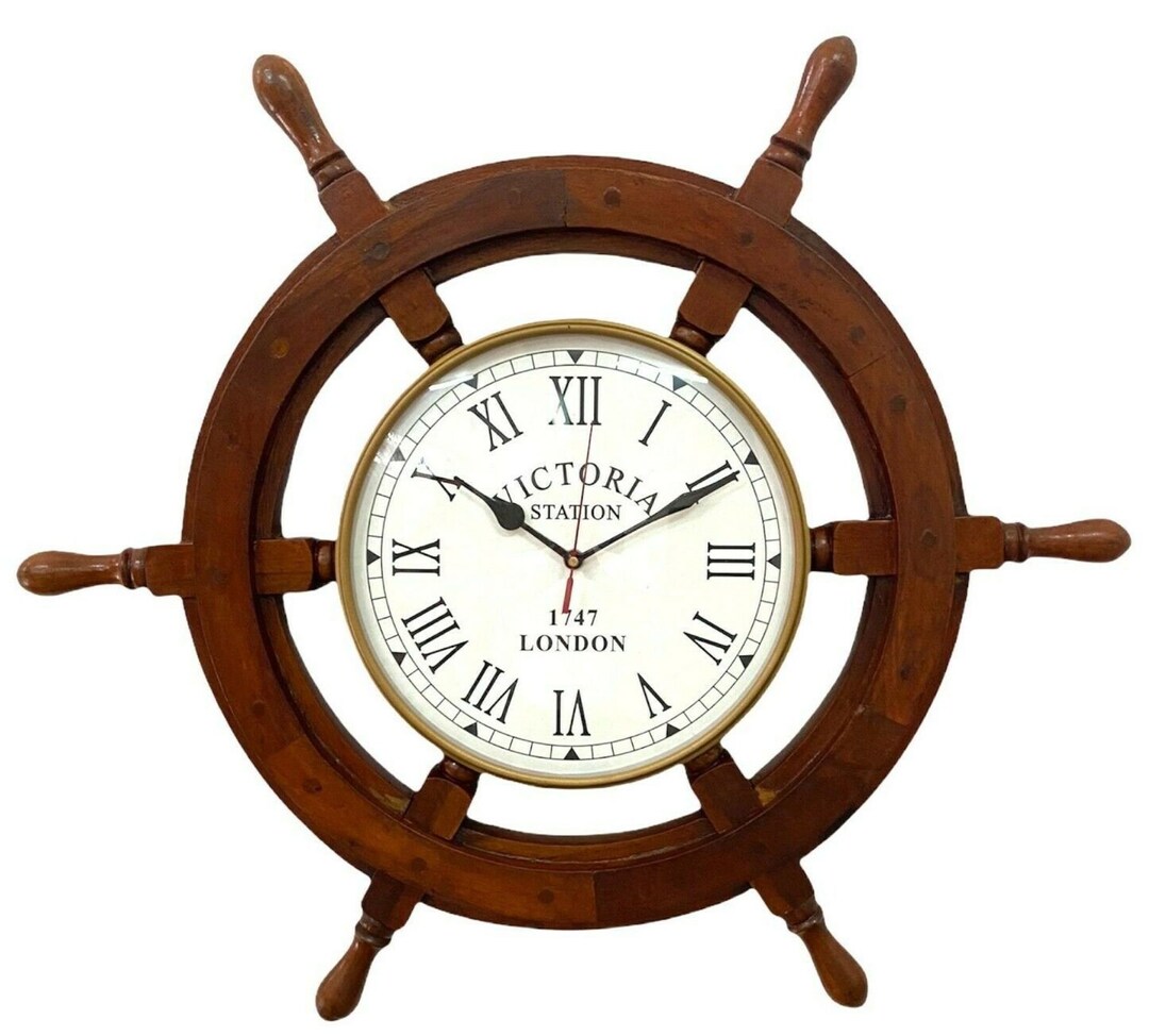 New Wooden Wheel Clock Ship Steering Wall Clock Victorian Etsy