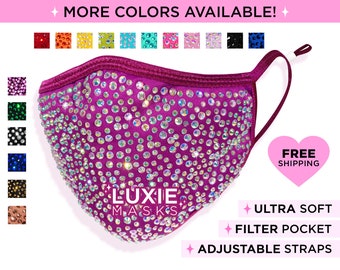 FUCHSIA Rhinestone Mask, Bling Face Mask by LUXIE, Soft Cotton, Adjustable & Comfortable Ear Loops/Straps, Filter Included w/ Pocket Filter