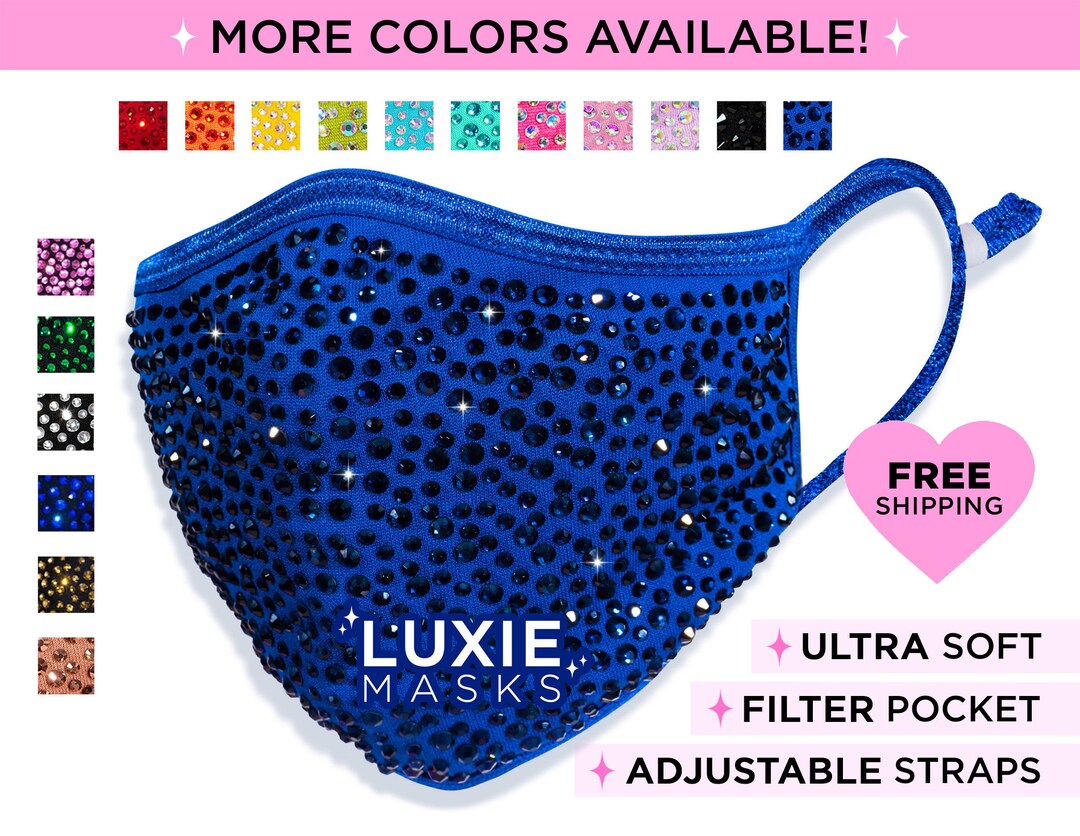NAVY Rhinestone Face Mask, Dark Blue Bling Face Mask by LUXIE, Flight Attendant Mask, Filter