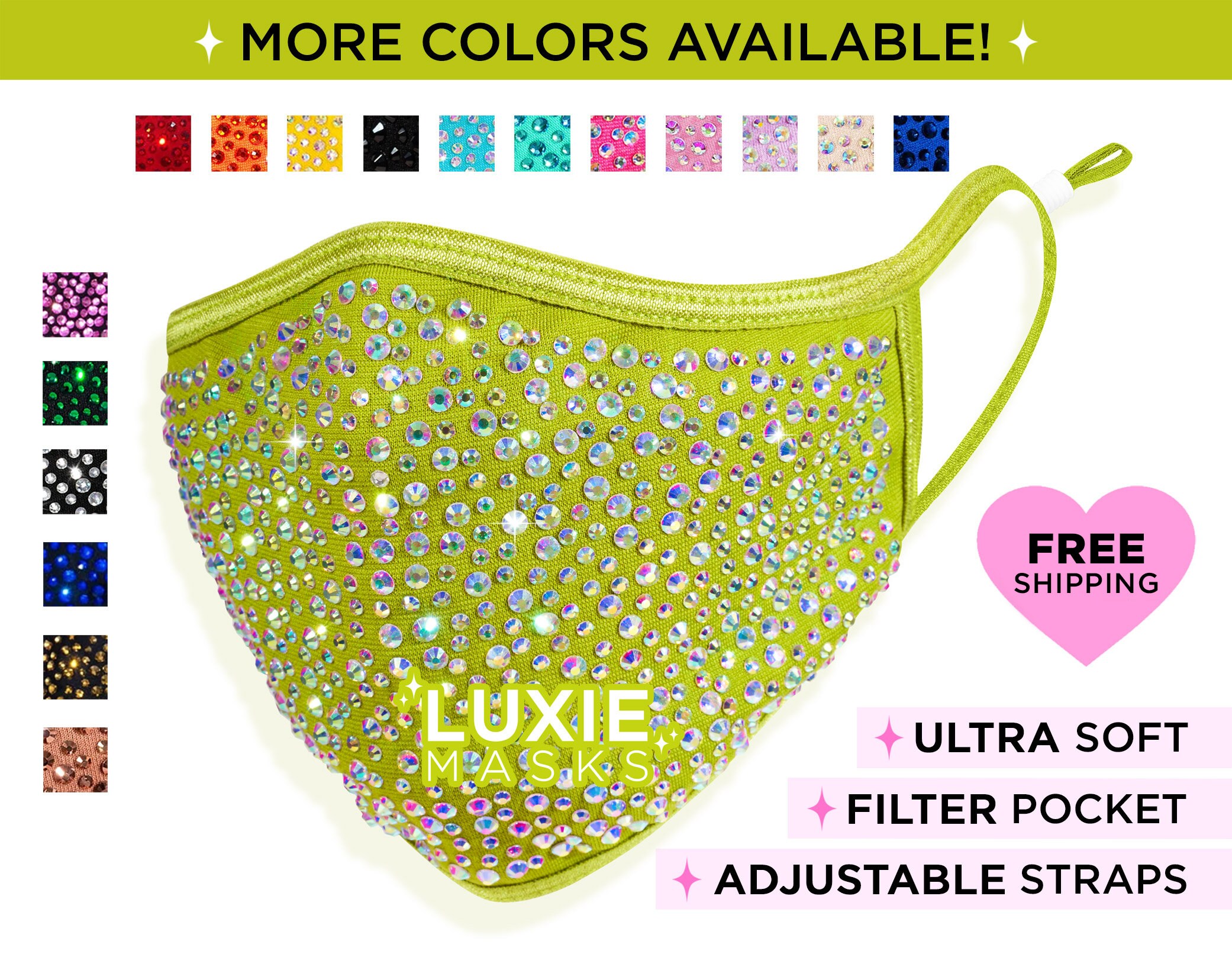 Sparkle Bling Rhinestone Crystal Face Mask Reusable Pocket