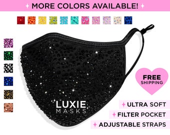 Bling Rhinestone Face Mask by LUXIE, Adjustable & Comfortable Ear Loops/Straps, Filter Pocket, Washable