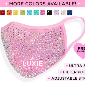 Bling Face Mask, Rhinestone Face Mask by LUXIE, Soft Cotton, Adjustable & Comfortable Ear Loops/Straps, Has Filter Pocket