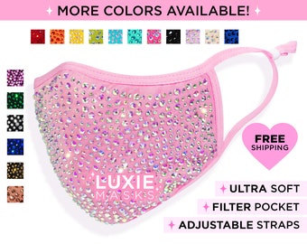 Bling Face Mask, Rhinestone Face Mask by LUXIE, Soft Cotton, Adjustable & Comfortable Ear Loops/Straps, Has Filter Pocket