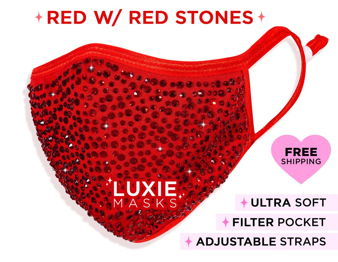RED Rhinestone Face Mask, Bling Face Mask W/ Filter Pocket & Adjustable