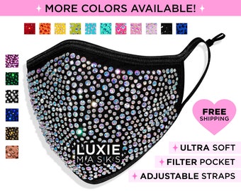 Bling Rhinestone Face Mask by LUXIE, Adjustable & Comfortable Ear Loops/Straps, Filter Pocket, KN95 Fabric Cover Mask