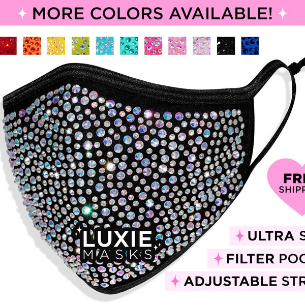 Bling Rhinestone Face Mask by LUXIE, Adjustable & Comfortable Ear Loops/Straps, Filter Pocket, KN95 Fabric Cover Mask