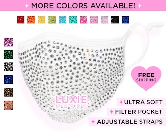 White Bling Rhinestone Face Mask by LUXIE, Wedding Face Mask, Soft Cotton, Adjustable Straps, Filter Included w/ Filter Pocket