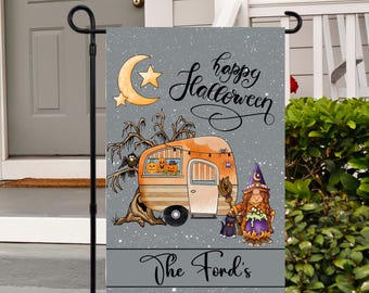 Personalized Halloween Camper Garden Flag: Retro Spooky Decor