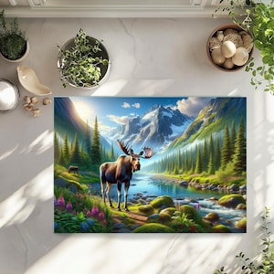 Moose Cutting Board: Tempered Glass Mountain River Scene