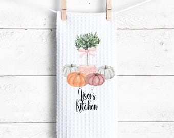 Fall Kitchen Towel, Pastel Pumpkin Topiary, Personalized Waffle Weave