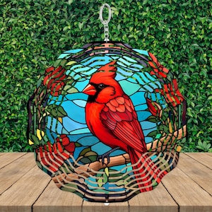 Red Cardinal Wind Spinner: 3D Faux Stained Glass, Aluminum, 10&quot;