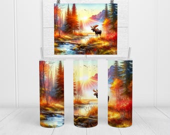 Moose Autumn Sunset Mountain Stream 20oz 30oz Skinny Tumbler Fall Wildlife Nature Gift