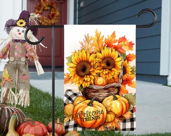 Double Sided Sunflower Garden Flag: Pumpkins Welcome Friends, Fall Decor
