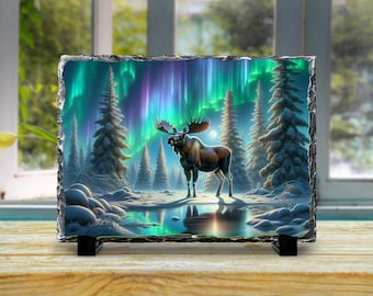 Moose Northern Lights Slate Print Aurora Borealis Wildlife Sublimation Cabin Decor Gift