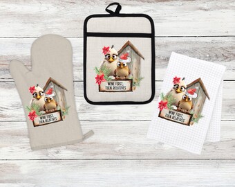 Chicken Kitchen Gift Set - Linen Oven Mitt, Pot Holder, Waffle Towel