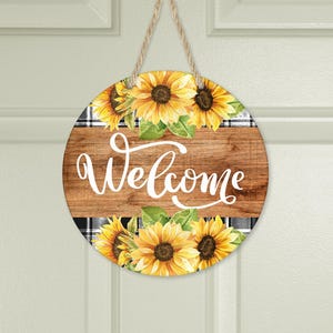Buffalo Plaid Sunflower Welcome Sign: Rustic Aluminum Door Hanger