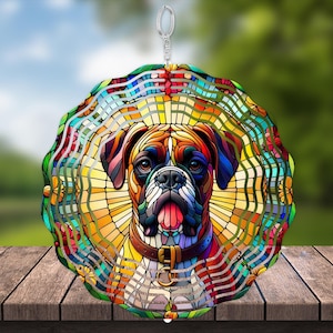 Boxer Dog Wind Spinner: Faux Stained Glass, Outdoor Kinetic Art
