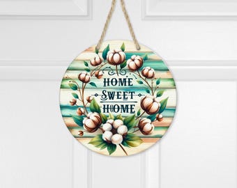 Home Sweet Home Door Hanger, Cotton Wreath Sign, Farmhouse Front Door Decor