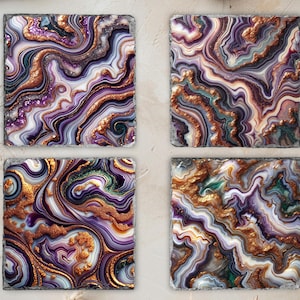 Mardi Gras Slate Coaster Set: Purple, Gold Glitter & Green Agate