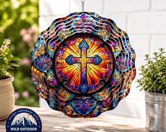 Cross Wind Spinner Faux Stained Glass Garden Yard Art Christian Faith Gift Decor