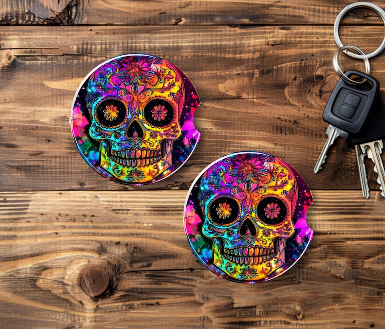 Car Coaster: Rainbow Sugar Skull Design - Durable Sandstone - Etsy