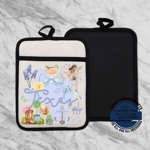 May include: Two pot holders. One is black, the other is beige with a black border and a Texas-themed design. The design includes a map of Texas, flowers, a cowboy boot, and the word "Texas" in script.