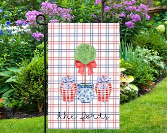 Personalized Preppy Topiary Garden Flag Custom Name Chinoiserie Bow Plaid Porch Decor