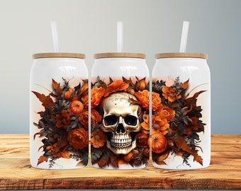 Floral Skull Tumbler, Spooky Halloween Travel Mug, Insulated Stainless Steel (16oz)