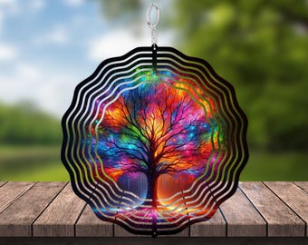 Tree of Life Wind Spinner, 10 Inch Metal Garden Spinner, Rainbow