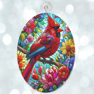 Kardinal Glas Suncatcher: Fensterschmuck, Geschenk für Vogelliebhaber