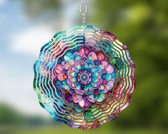 Mandala Wind Spinner, Watercolor Boho Flower Garden Decor, Aluminum Colorful Outdoor Art Gift