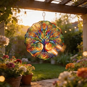 Mandala Tree of Life Wind Spinner, Colorful Boho Garden Decor, Aluminum Outdoor Art Gift