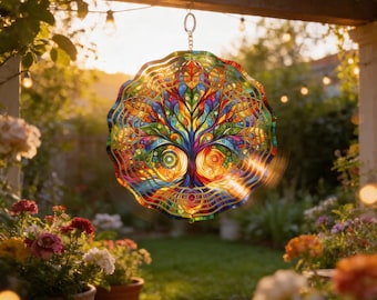 Mandala Tree of Life Wind Spinner, Colorful Boho Garden Decor, Aluminum Outdoor Art Gift
