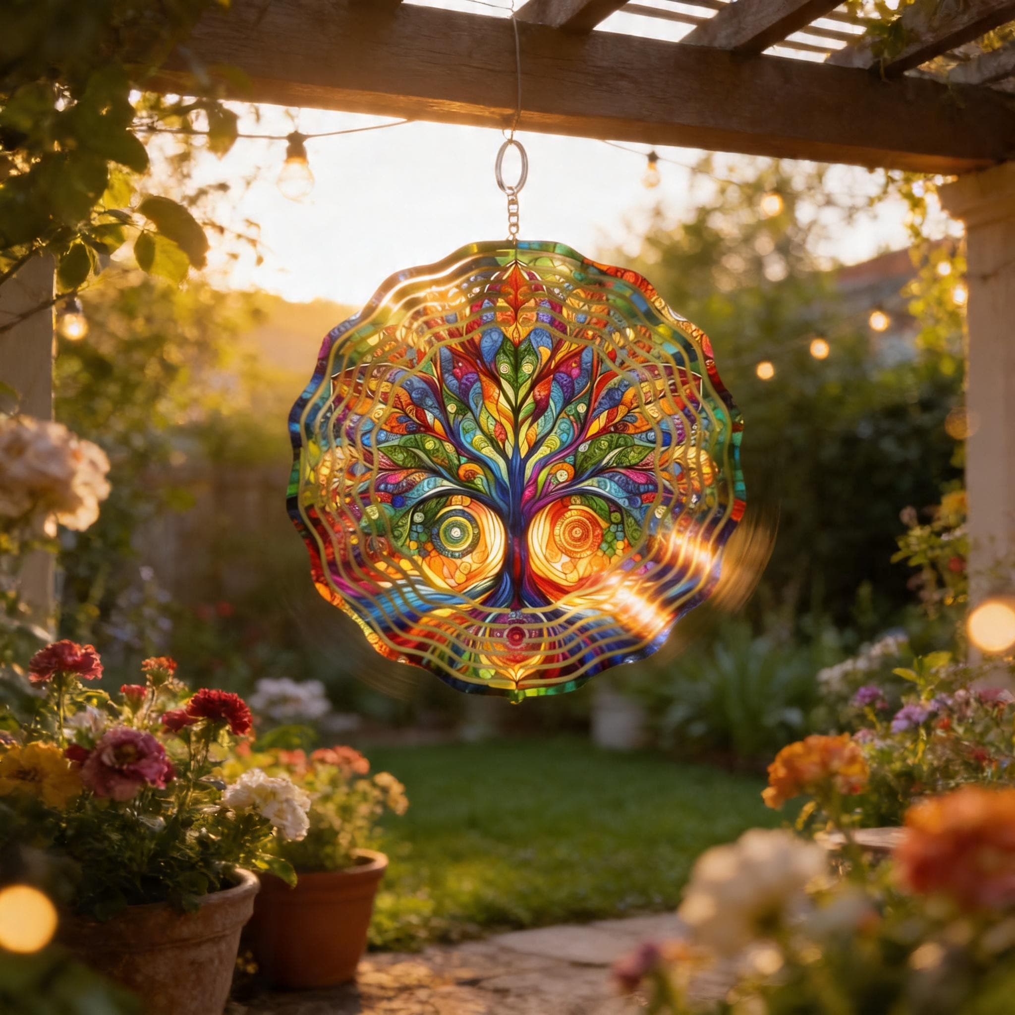 Mandala Tree of Life Wind Spinner, Colorful Boho Garden Decor