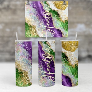 Mardi Gras Glow In Dark Tumbler, Personalized Tumbler, New Orleans Bachelorette Party, To Go Cup With Straw and Lid, Unique Gifts for Her