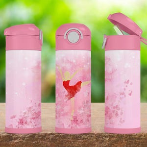 Botella de agua Ballerina de 355 ml con tapa abatible, color rosa, con asa y base de goma, ideal para campamentos, ideal para la escuela y para niños.