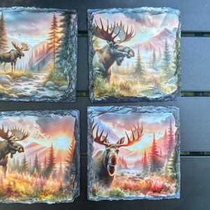 Set leistenen onderzetters met aquarel eland: rustiek natuurdecor